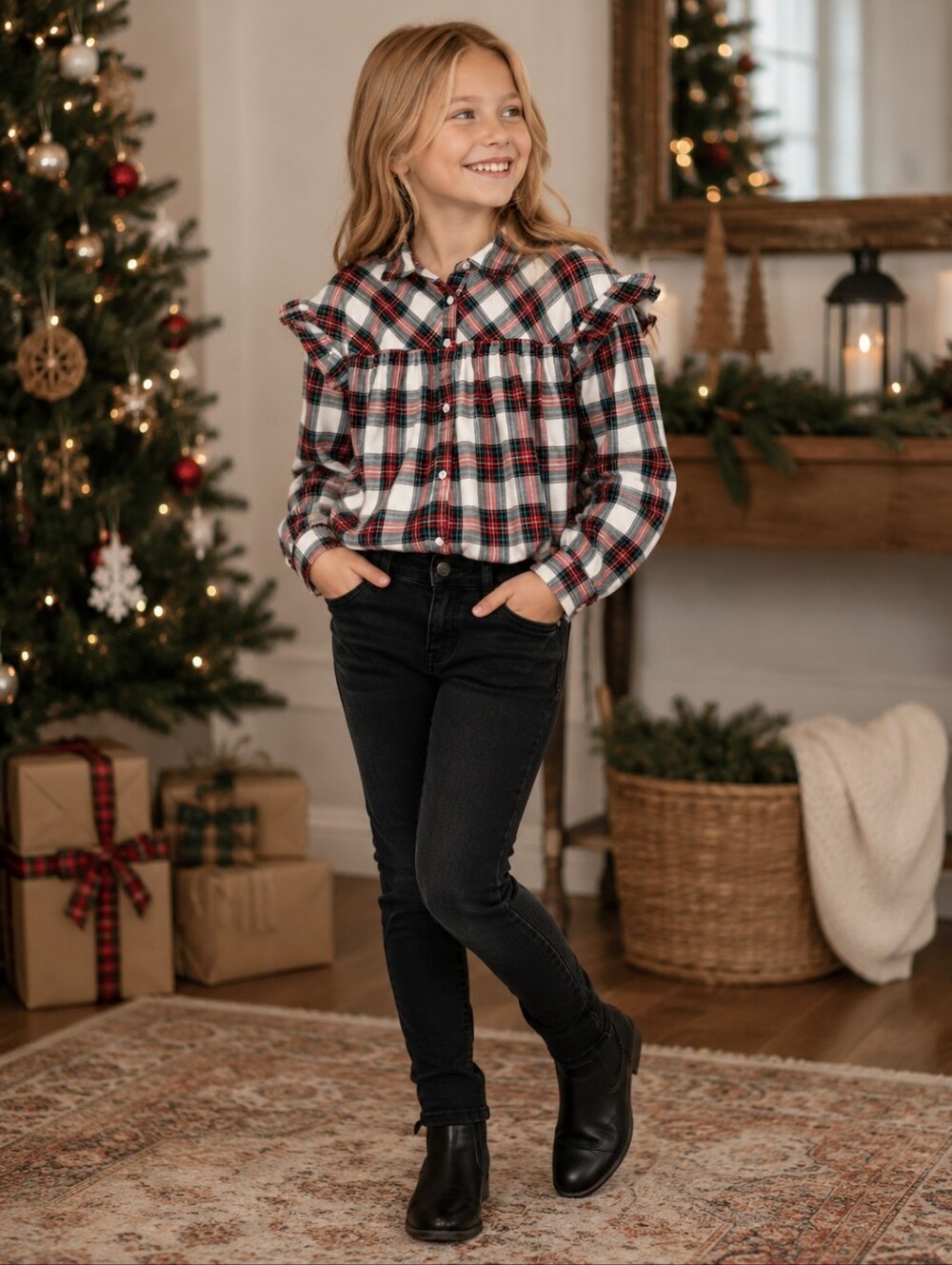 Gap Girls 8 Red Green Tartan Plaid Ruffle Shirt Christmas Holiday Preppy Top